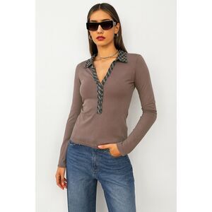 CUSTO BARCELONA Gray Henley Plaid Stitch Collar Y2K Shirt Top Women's Size Small